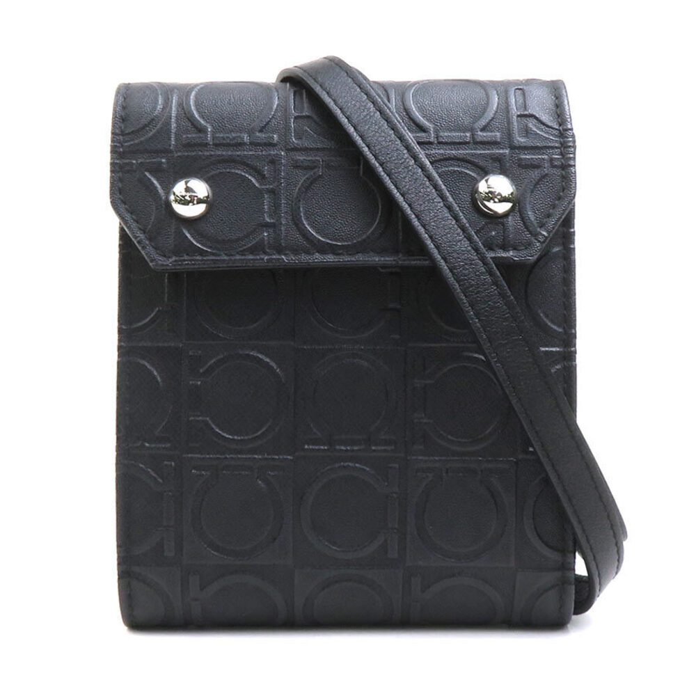 Salvatore Ferragamo Tri fold Wallet Shoulder Gancini Leather Black Silver
